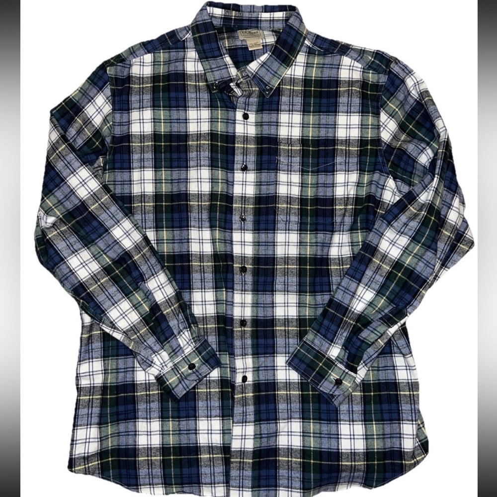 L.L. Bean Traditional Fit Flannel Plaid Button-Down Shirt Blue Green Outdoorsman